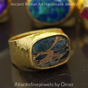 Turkish Jasper Ring Handmade Designer Jewelry By Omer 925 Sterling Silver 24 k Yellow Gold Plated