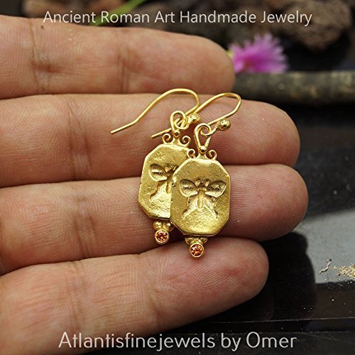 Butterfly Coin Orange Topaz Earrings 925 k Sterling Silver Roman Art Fine Jewelry By Omer