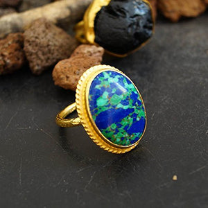 925k Sterling Silver Large Turquoise Ring 24k Gold Plated, Handmade Ancient Art,