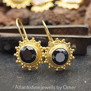 Omer Handcrafted 925 Sterling Silver Fine Granulated Onyx Artisan Gold Earrings