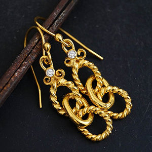 925 K Sterling Silver Handmade White Topaz Chain Earrings 24k Yellow Gold Plated Handcrafted Roman Art Design Turkish Designer Jewelry Women Dangle Earrings