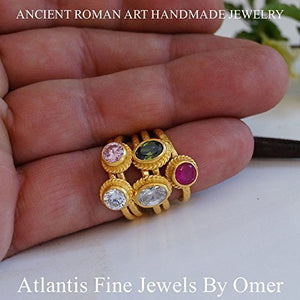 Turkish Handmade Red Topaz ,Pink Topaz , White Topaz, Peridot Ring 925 Sterling Silver 24 k Yellow Gold Plated