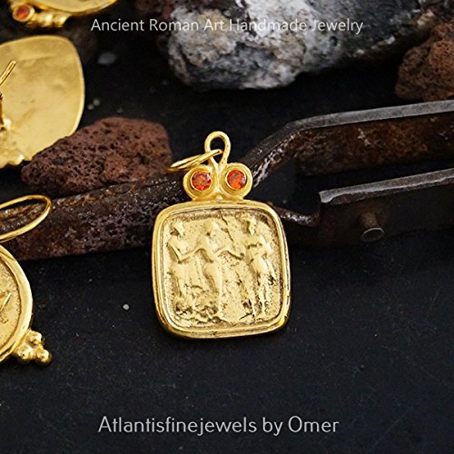 Orange Topaz Coin Pendant Handmade By Omer 24k Gold Over 925 Sterling Silver