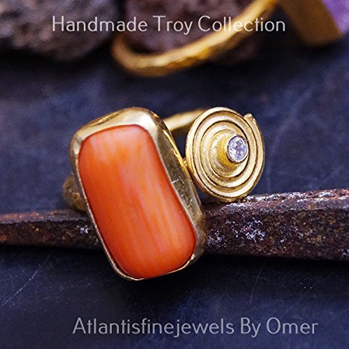 Turkish Coral Ring Handmade Designer Jewelry By Omer 925 Sterling Silver 24 k Yellow Gold Plated