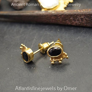 Omer 925k Sterling Silver Granulated Onyx Stud Earrings Turkish Designer Jewelry
