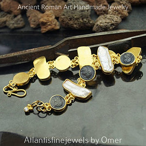 Handmade Ancient Roman Art Oxidized Coin & Pearl Bracelet By Omer 925k Sterling