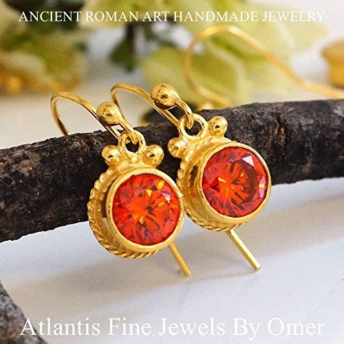 Turkish Orange Topaz Earrings Handmade Designer Jewelry By Omer 925 Sterling Silver 24 k Yellow Gold Plated