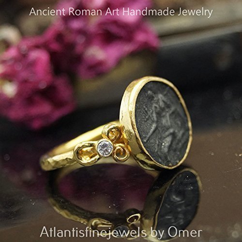 925k Hammered Sterling Silver Roman Art Oxidized Coin Ring 24k Gold Vermeil