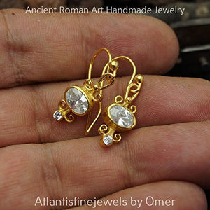 Roman Art White Topaz Dangle Earrings 24 k Gold Vermeil Sterling Silver Turkish