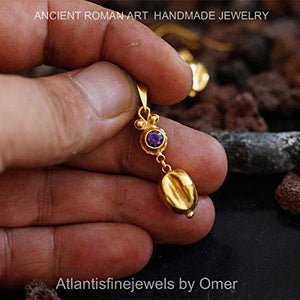 925 k Sterling Silver Amethyst Pendant 24k Gold Vermeil Omer Roman Art Handmade