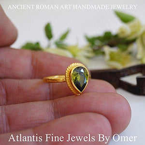 Pear Peridot Topaz Ring 24 k Gold Over Sterling Silver Handmade By Omer