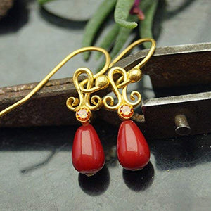  Turkish Red Jade Earrings Handmade Designer Jewelry By Omer 925 Sterling Silver 24 k Yellow Gold Plated