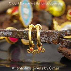 Ancient Art Orange Topaz Charms Hoop Earrings 24k Gold Over 925 Silver By Omer