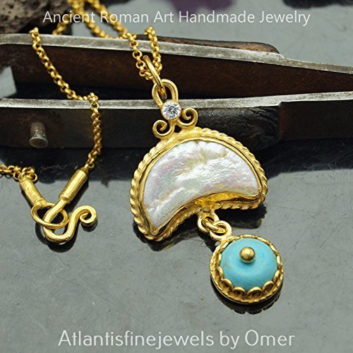 *MADE TO ORDER* Omer 925 Silver Crescent Pearl & Turquoise Custom Gold Necklace