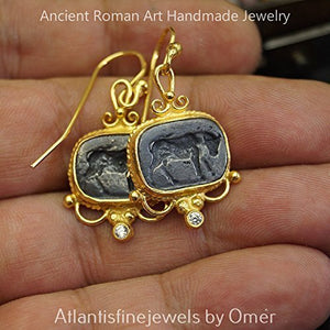 Handcrafted Oxidized Bull Coin Earrings 925 k Silver Roman Art Jewelry 24k Yellow Gold Vermeil Turkish Handmade Jewelry