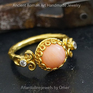 Omer Handmade Ancient Work Coral Ring 24 k Gold Over Sterling Silver