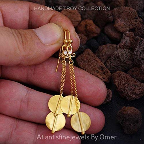 Handmade Troy Chain Earrings Ancient Work By Omer 24 k Gold Over Sterling Silver