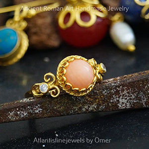 Turkish Coral Ring Handmade Designer Jewelry By Omer 925 Sterling Silver 24 k Yellow Gold Plated
