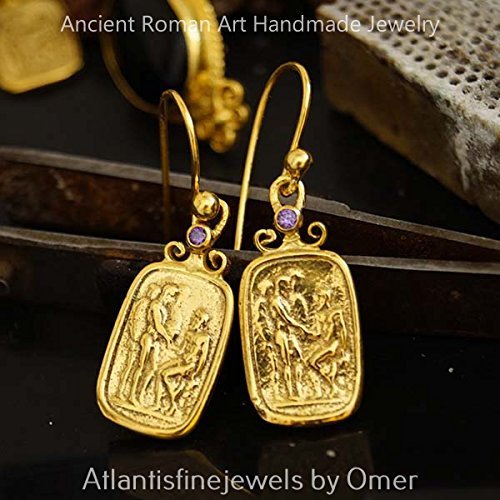 Omer 925 k Sterling Silver Handmade Ancient Roman Art Amethyst Coin Earrings