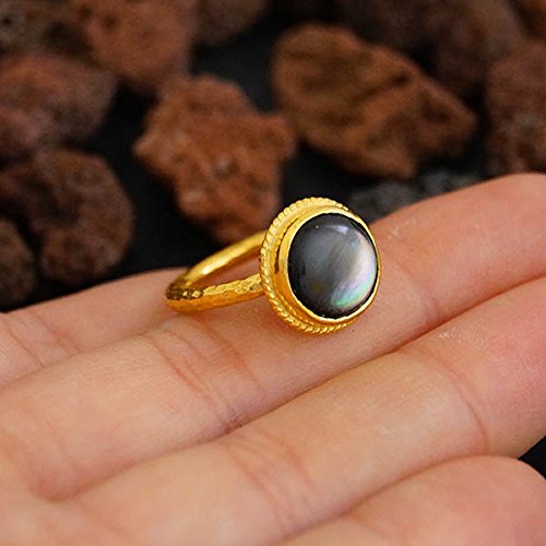 Turkish Handmade Mother Of Pearl Ring 925 Sterling Silver 24 k Yellow Gold Plated