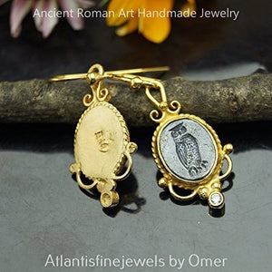 Roman Art Owl Coin 2 Tone Earrings 925 k Sterling Silver 24k Gold Vermeil Roman
