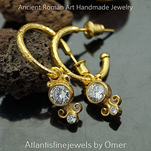  Turkish White Topaz Earrings Handmade Designer Jewelry By Omer 925 Sterling Silver 24 k Yellow Gold Plated