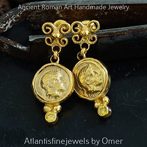 Turkish Coin & Yellow Topaz Earrings Handmade Designer Jewelry By Omer 925 Sterling Silver 24 k Yellow Gold Plated