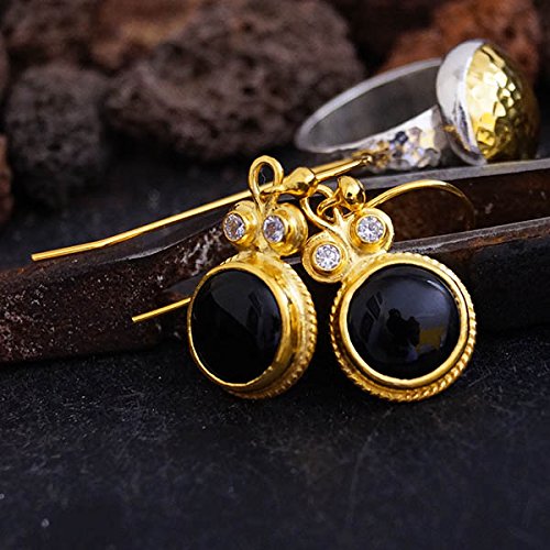 Omer 925 k Silver Handmade Black Onyx Earrings W/White Topaz 24 k Gold Vermeil