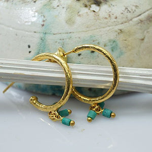 Omer 925 k Sterling Silver Hammered Elegant Hoop Gold Earrings Turquoise Charms