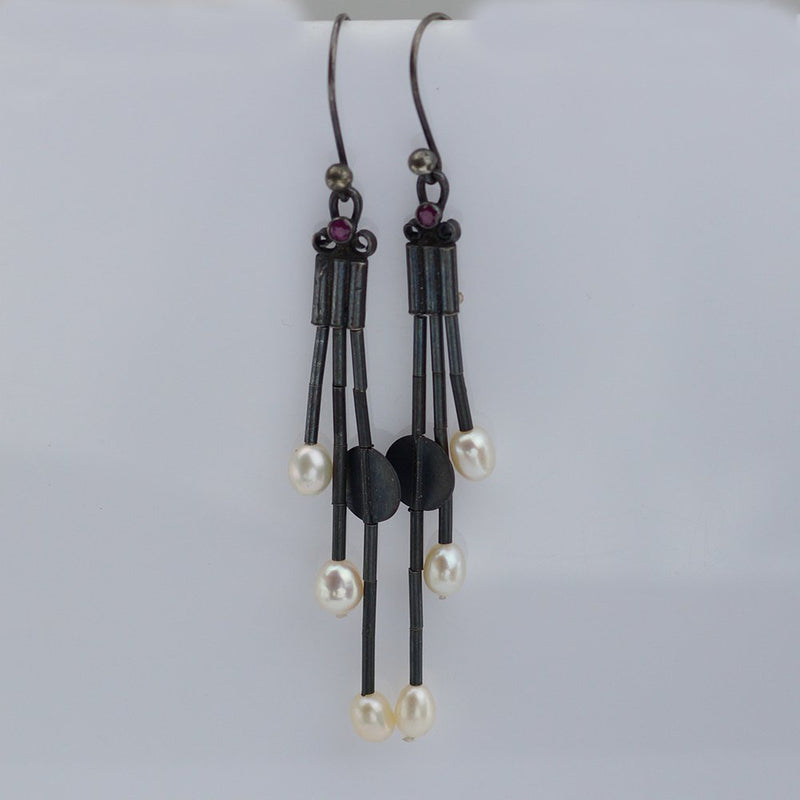 Silver 925 k Blackened Handmade Anatolian Troy Bead Pearl Ruby Artisan Earrings