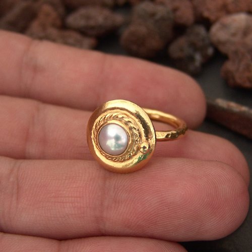 Turkish Pearl Jewelry Ring 925 Sterling Silver 24 Yellow Gold Plated