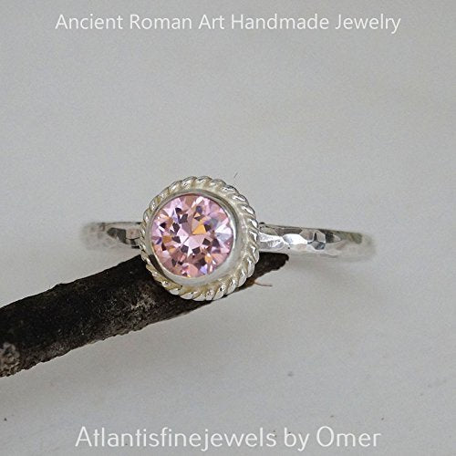 Omer 925 k Sterling Silver Handmade 5 mm Pink Topaz Stacking Ring Turkish Jewelry