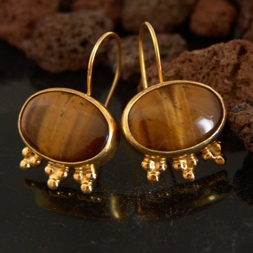 Designer Jewelry Tiger Eye Earrings 24 k Yellow Gold Over Sterling Silver By Omer
