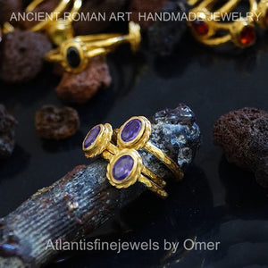 3 pcs Roman Art Oval Amethyst Stack Rings 24k Gold Over Sterling Silver By Omer