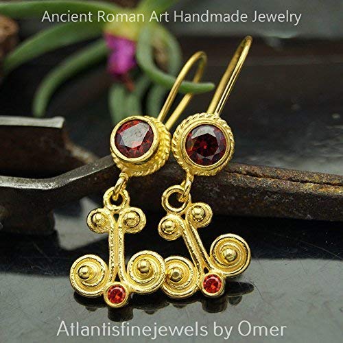 Turkish Garnet Earrings Handmade Designer Jewelry By Omer 925 Sterling Silver 24 k Yellow Gold Plated