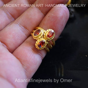 Turkish Ancient Art Oval Garnet 925 Sterling Silver 24 k Yellow Gold Plated