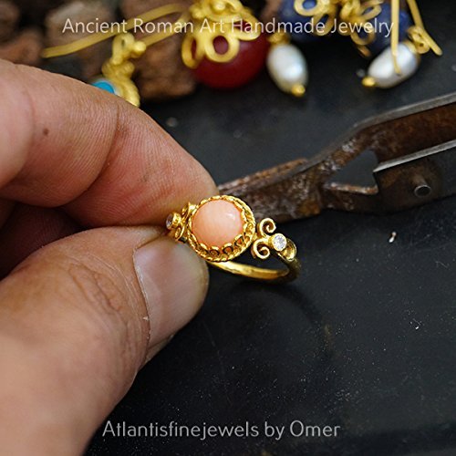 Omer Handmade Ancient Work Coral Ring 24 k Gold Over Sterling Silver