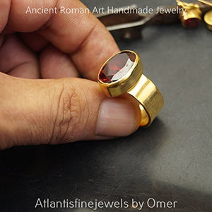 Large & Heavy Garnet Unisex Ring 925 k Sterling Silver 24 k Gold Plated Handmade
