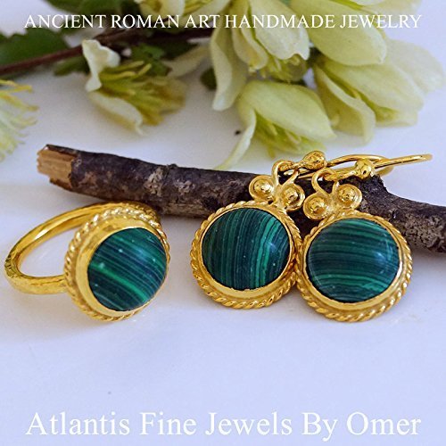 Turkish Malachite Ring 925 k Sterling Silver 24 k Gold Over Handmade By Omer