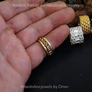 Turkish Hammered Amethyst Ring Stack 925 Sterling Silver 24 k Yellow Gold Plated 