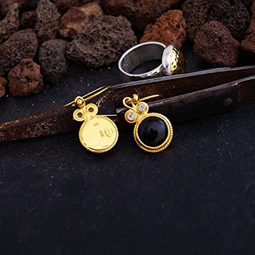 Omer 925 k Silver Handmade Black Onyx Earrings W/White Topaz 24 k Gold Vermeil