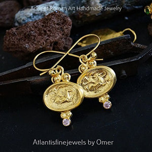 925 k Sterling Silver Handmade Roman Art Pink Topaz Warrior Coin Hook Earrings