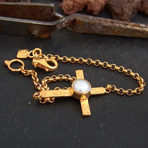 Sterling Silver Cross Pearl Bracelet 24k Gold Plated Omer Designer Handmade