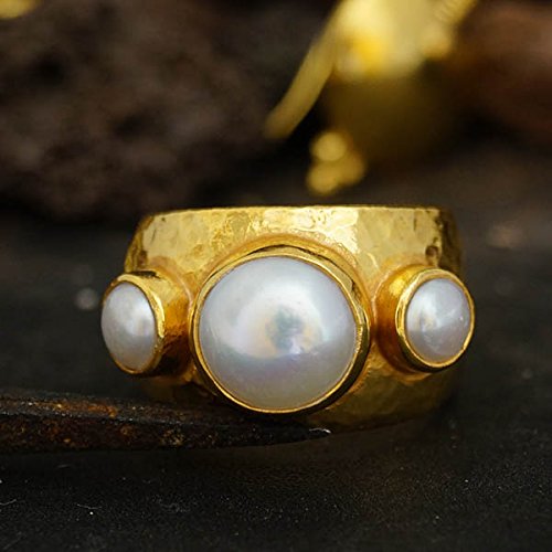 925k Sterling Silver Large Pearl Hammered Ring 24k Yellow Gold Vermeil, Turkish