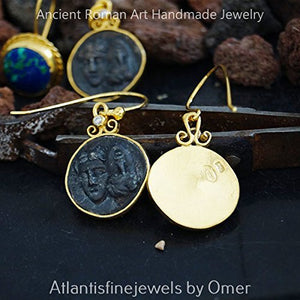 Handmade Greek Art Coin Earrings W/ White Topaz By Omer 24k Gold Over 925 Silver