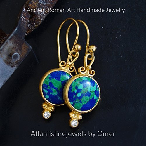  Turkish Turquoise Earrings Handmade Designer Jewelry By Omer 925 Sterling Silver 24 k Yellow Gold Plated