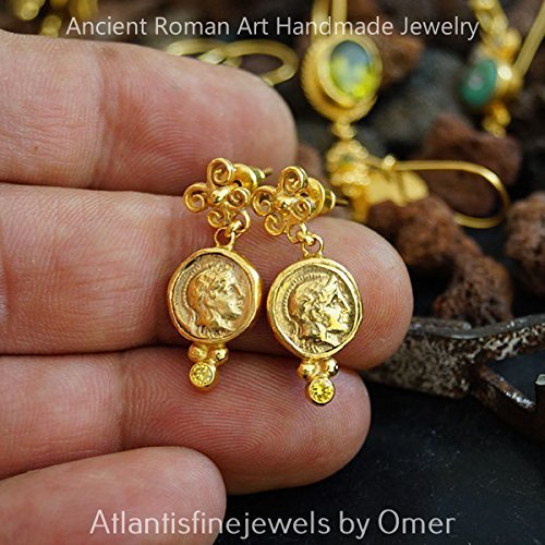 Handmade Roman Art Coin Earrings W/Yellow Topaz By Omer 24k Gold Over 925 Silver