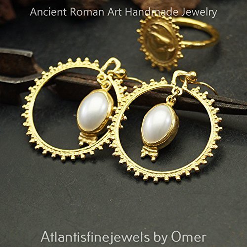 Omer Handcrafted Ancient Art 925 Silver Large Granulated Circle Pearl Earrings