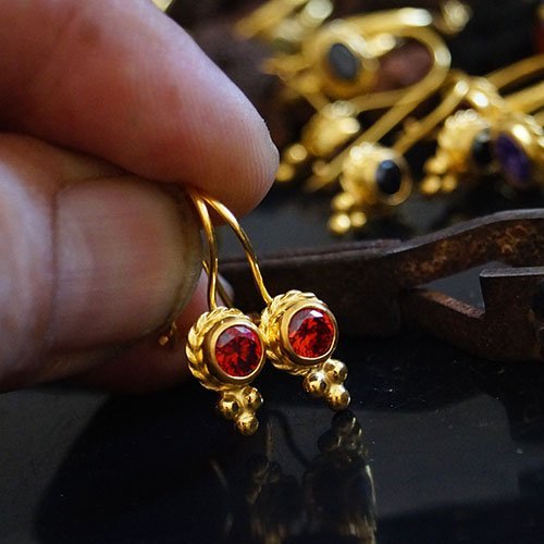 Handmade Roman Granulated Garnet Hook Earrings By Omer 24k Gold over 925 Sillver