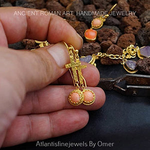 Hammered Cross Earrings W/ Coral Charm Handmade By Omer 24k Gold Over Sterling Silver
